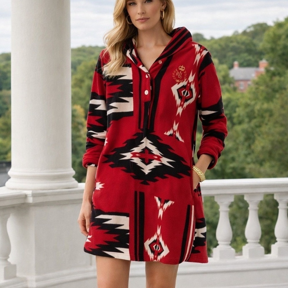 Lauren Ralph Lauren RARE Red Southwestern Aztec Fleece Hooded Tunic Medium Boho